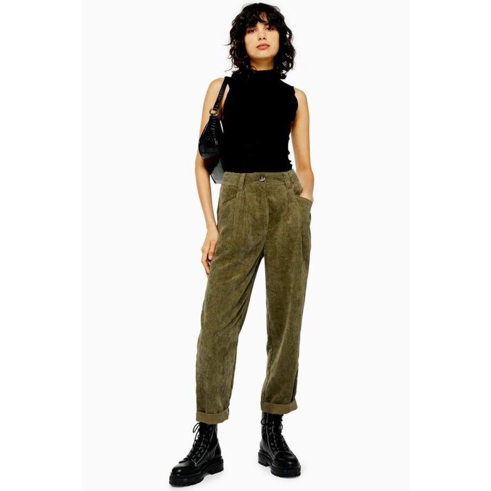 TOPSHOP Relaxed Soft Corduroy Peg Cuff Pleated Trousers in or Olive Green